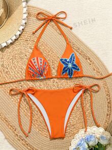 SHEIN Swim [Printed Design] 2026 Women's Hot Girl Starfish Print Placement Print Sexy Lace-Up Bikini Set, Fun Starfish Print Set, Perfect For Spring/Summer Beach Vacations - Multicolor - View 3
