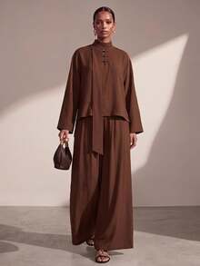 Zivah Women's Elegant Long Sleeve Top With Frog Button Decor And Ribbon, Paired With Wide Leg Pants, 2 Pieces Set, Suitable For Commute, Travel, Party And Gathering - Brown - View 2