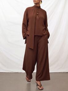 Zivah Women's Elegant Long Sleeve Top With Frog Button Decor And Ribbon, Paired With Wide Leg Pants, 2 Pieces Set, Suitable For Commute, Travel, Party And Gathering - Brown - View 7