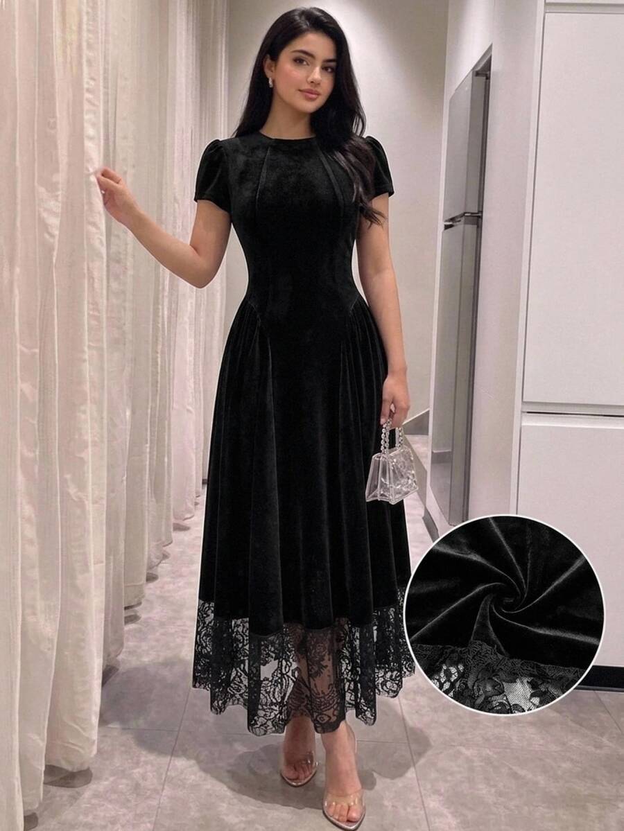 SHEIN Pitira 青少年女孩優雅黑色天鵝絨下擺蕾絲拼接長洋裝,餐飲與日常穿搭,黑色洋裝,秋季洋裝,秋季穿搭,派對洋裝 - 黑色 - 查看 1