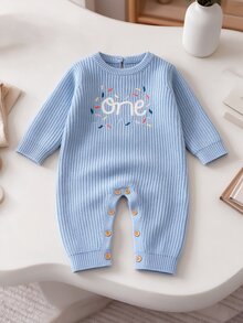 SHEIN 嬰兒週歲生日主題藍色字母刺繡針織連身衣 嬰兒生日拍照長袖連身褲 紀念拍照套裝 日常外出散步旅行度假家庭聚會穿著連身衣 - 藍色 - 查看 1