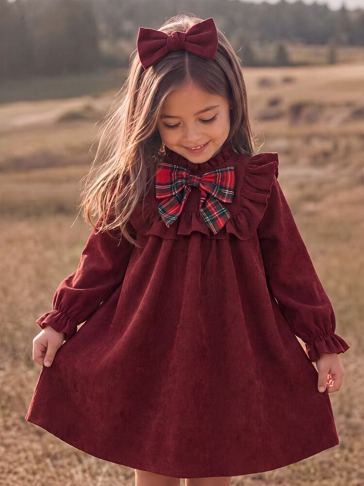 SHEIN Young Girl Young Girl Casual Daily Wear Frill Trim Faux Embroidery Print Long Sleeve Doll Dress Burgundy Woven Corduroy Solid Color Dress Christmas New Year Dress Children's Dress - Burgundy - View 5