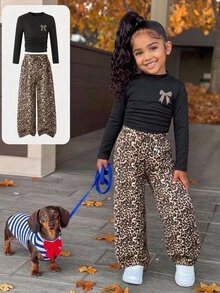 SHEIN Young Girl Casual Long Sleeve T-Shirt And Leopard Print Loose Pants Set - Multicolor - View 2