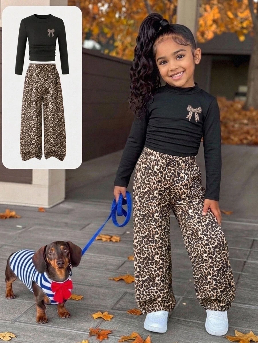 SHEIN Young Girl Casual Long Sleeve T-Shirt And Leopard Print Loose Pants Set - Multicolor - View 1