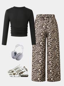 SHEIN Young Girl Casual Long Sleeve T-Shirt And Leopard Print Loose Pants Set - Multicolor - View 4