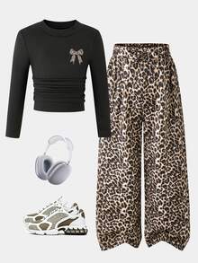 SHEIN Young Girl Casual Long Sleeve T-Shirt And Leopard Print Loose Pants Set - Multicolor - View 3