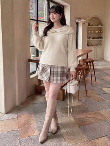 Bijouette Plus Size Women Solid Color Casual Versatile Daily Wear Long Sleeve Sweater Winter - Apricot - View 6