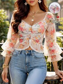 Balvessa Floral Print Square Neck Shirred Lace Trim Puff Sleeve Cropped Women Top - Multicolor - View 2
