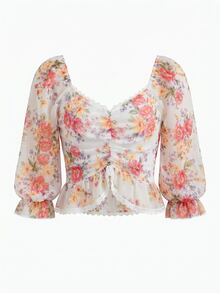 Balvessa Floral Print Square Neck Shirred Lace Trim Puff Sleeve Cropped Women Top - Multicolor - View 3