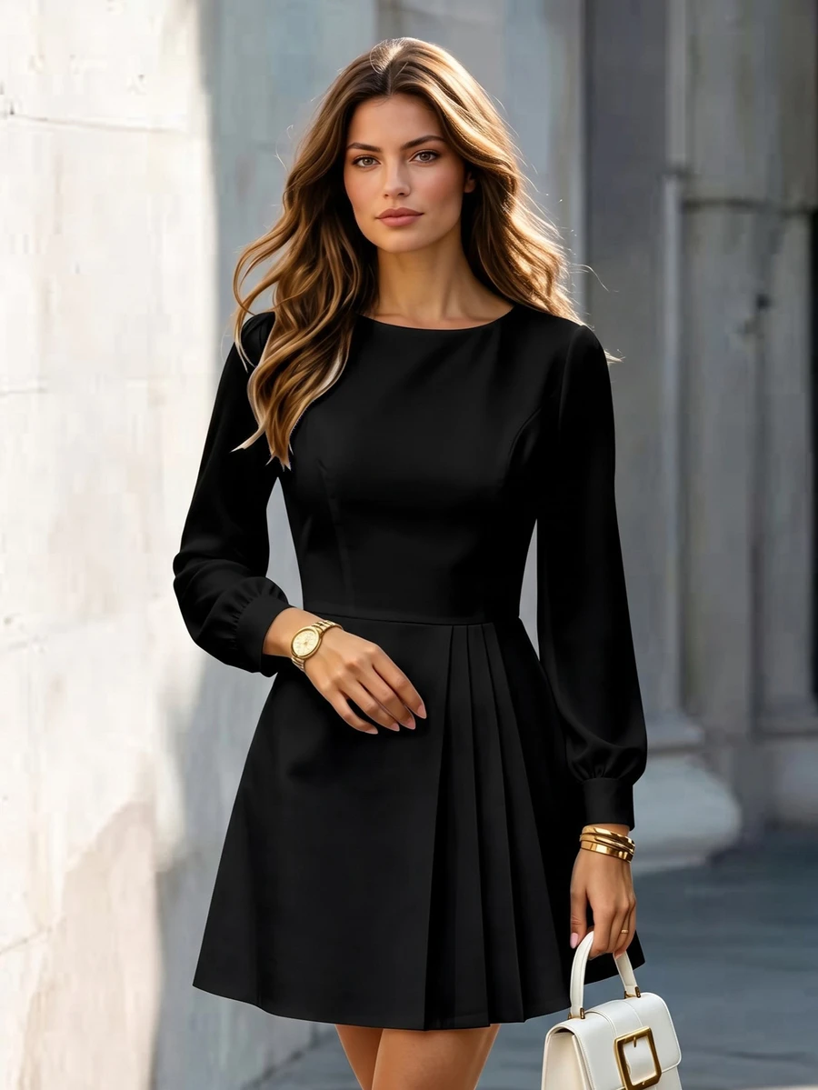 Balvessa Women's White Round Neck Cinched Waist Pleated Asymmetric Short Dress Suitable For Dating And Commuting - Black - View 1