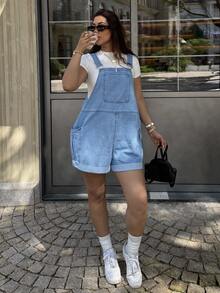 Dripcurv Plus-Size Women's Blue Retro Jumpsuit, Street-Style Preppy Denim Overalls Shorts, New Year's Outfit - Light Wash - View 7