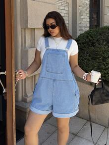 Dripcurv Plus-Size Women's Blue Retro Jumpsuit, Street-Style Preppy Denim Overalls Shorts, New Year's Outfit - Light Wash - View 1
