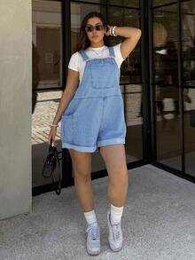 Dripcurv Plus-Size Women's Blue Retro Jumpsuit, Street-Style Preppy Denim Overalls Shorts, New Year's Outfit - Light Wash - View 4