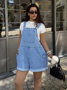 Dripcurv Plus-Size Women's Blue Retro Jumpsuit, Street-Style Preppy Denim Overalls Shorts, New Year's Outfit - Light Wash - View 10