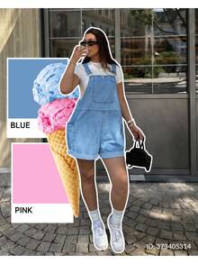 Dripcurv Plus-Size Women's Blue Retro Jumpsuit, Street-Style Preppy Denim Overalls Shorts, New Year's Outfit - Light Wash - View 9