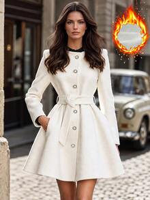 Balvessa Women's Elegant Waist-Cinching Overcoat With Decorative Buckle - White - View 2
