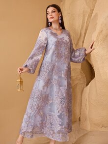 SHEIN Najma Fashionable New Heavy Jacquard Large Floral Purple Arabic Style Dress For Women - Lilac Purple - View 5