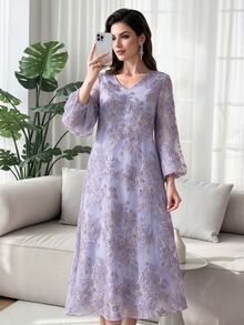 SHEIN Najma Fashionable New Heavy Jacquard Large Floral Purple Arabic Style Dress For Women - Lilac Purple - View 1