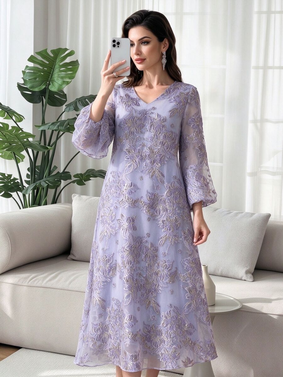 SHEIN Najma Fashionable New Heavy Jacquard Large Floral Purple Arabic Style Dress For Women - Lilac Purple - View 1
