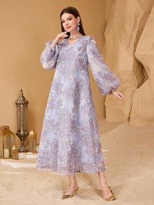 SHEIN Najma Fashionable New Heavy Jacquard Large Floral Purple Arabic Style Dress For Women - Lilac Purple - View 3
