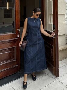Dripcurv Plus-Size Women's All-Season Elegant Casual Traditional 90s Navy Blue Slim-Fit Denim Dress, Perfect For New Year's Outfits, Old-Money Style. Birthday - Blue - View 4
