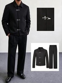 HUEFORM Men's Old Money Wool Blend Classic Versatile Large Pocket Lapel Airplane Button Decor Comfortable Mature Casual Jacket 2 Pieces Set - Black - View 1