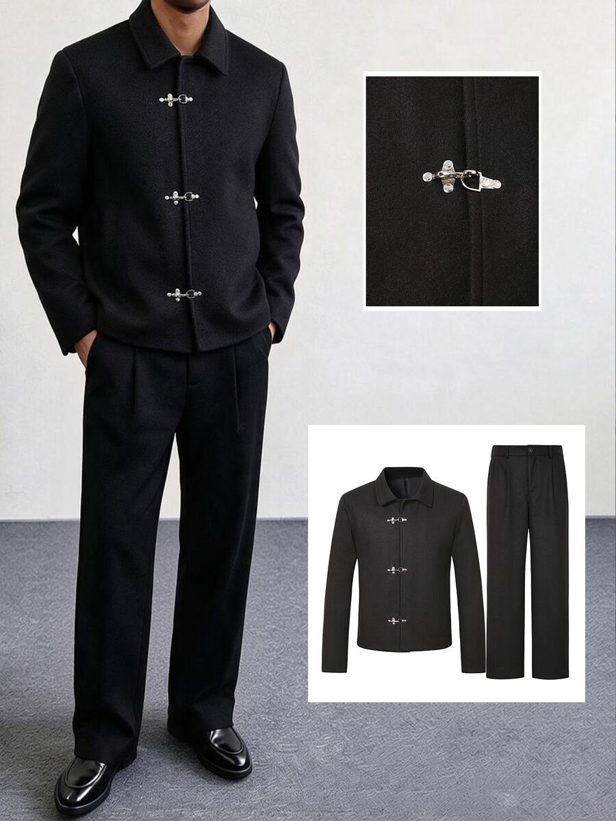 HUEFORM Men's Old Money Wool Blend Classic Versatile Large Pocket Lapel Airplane Button Decor Comfortable Mature Casual Jacket 2 Pieces Set - Black - View 1