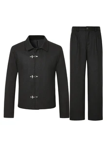HUEFORM Men's Old Money Wool Blend Classic Versatile Large Pocket Lapel Airplane Button Decor Comfortable Mature Casual Jacket 2 Pieces Set - Black - View 5
