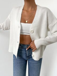 SHEIN Women's Tall Size Drop Shoulder Button Front Casual Solid Color Cardigan - White - View 3