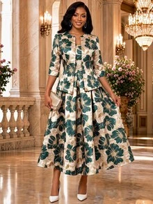 Fleurora 女款花卉印花洋裝與長袖開襟衫休閒優雅兩件套，適合婚禮、週年紀念、教堂、晚餐正式場合，灰色夏季款 - 彩色 - 查看 1