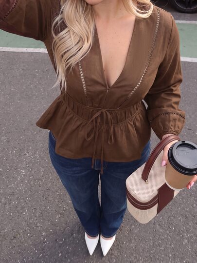 Dripcurv Plus Size Autumn Casual Boho Solid Color Waist-Cinching Blouse Fall Vacation Women's Social Country Cute Top Going Out Party Birthday Brown