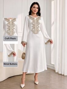 Al Najma Fashionable New Heavily Embroidered Collar Luxurious Jacquard Arabic Dress - White - View 1