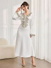 Al Najma Fashionable New Heavily Embroidered Collar Luxurious Jacquard Arabic Dress - White - View 5