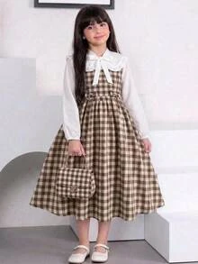 Joliand Joliand Kids Tween Girls Dresses Spring Autumn Winter Woven Plaid White Cute Peter Pan Collar Ruffle Bow Decor Patchwork Mid-Length Khaki Dress - Khaki - View 9