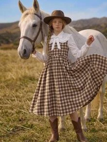 Joliand Joliand Kids Tween Girls Dresses Spring Autumn Winter Woven Plaid White Cute Peter Pan Collar Ruffle Bow Decor Patchwork Mid-Length Khaki Dress - Khaki - View 2