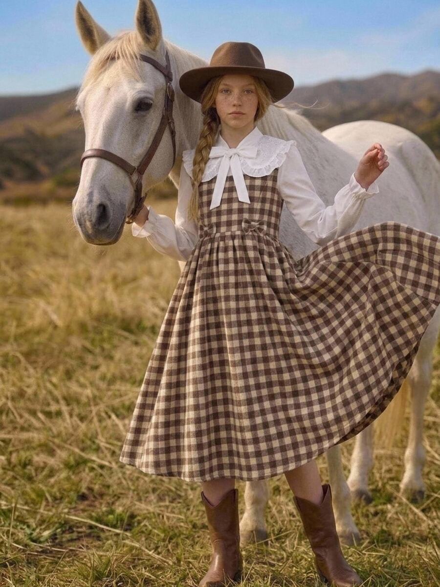 Joliand Joliand Kids Tween Girls Dresses Spring Autumn Winter Woven Plaid White Cute Peter Pan Collar Ruffle Bow Decor Patchwork Mid-Length Khaki Dress - Khaki - View 1
