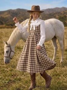 Joliand Joliand Kids Tween Girls Dresses Spring Autumn Winter Woven Plaid White Cute Peter Pan Collar Ruffle Bow Decor Patchwork Mid-Length Khaki Dress - Khaki - View 1
