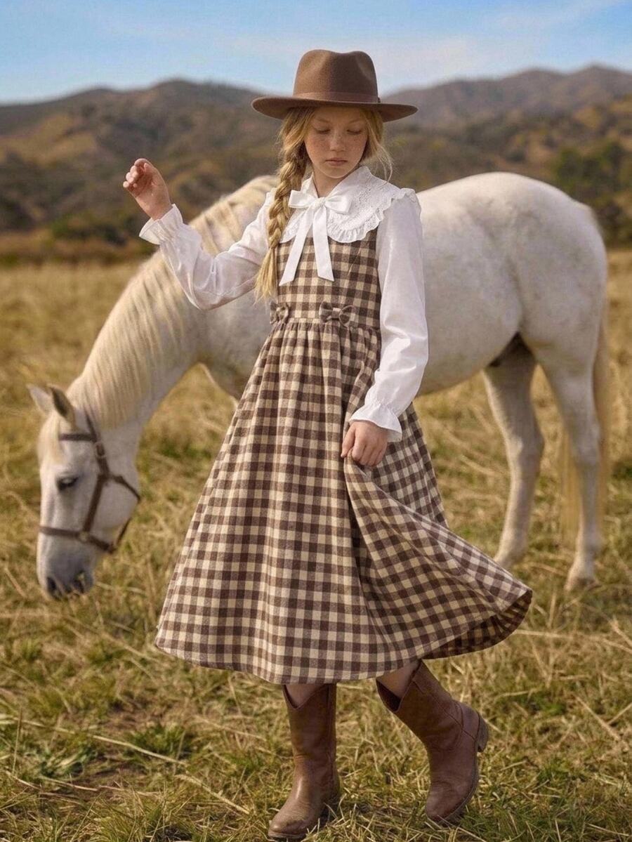 Joliand Joliand Kids Tween Girls Dresses Spring Autumn Winter Woven Plaid White Cute Peter Pan Collar Ruffle Bow Decor Patchwork Mid-Length Khaki Dress - Khaki - View 1