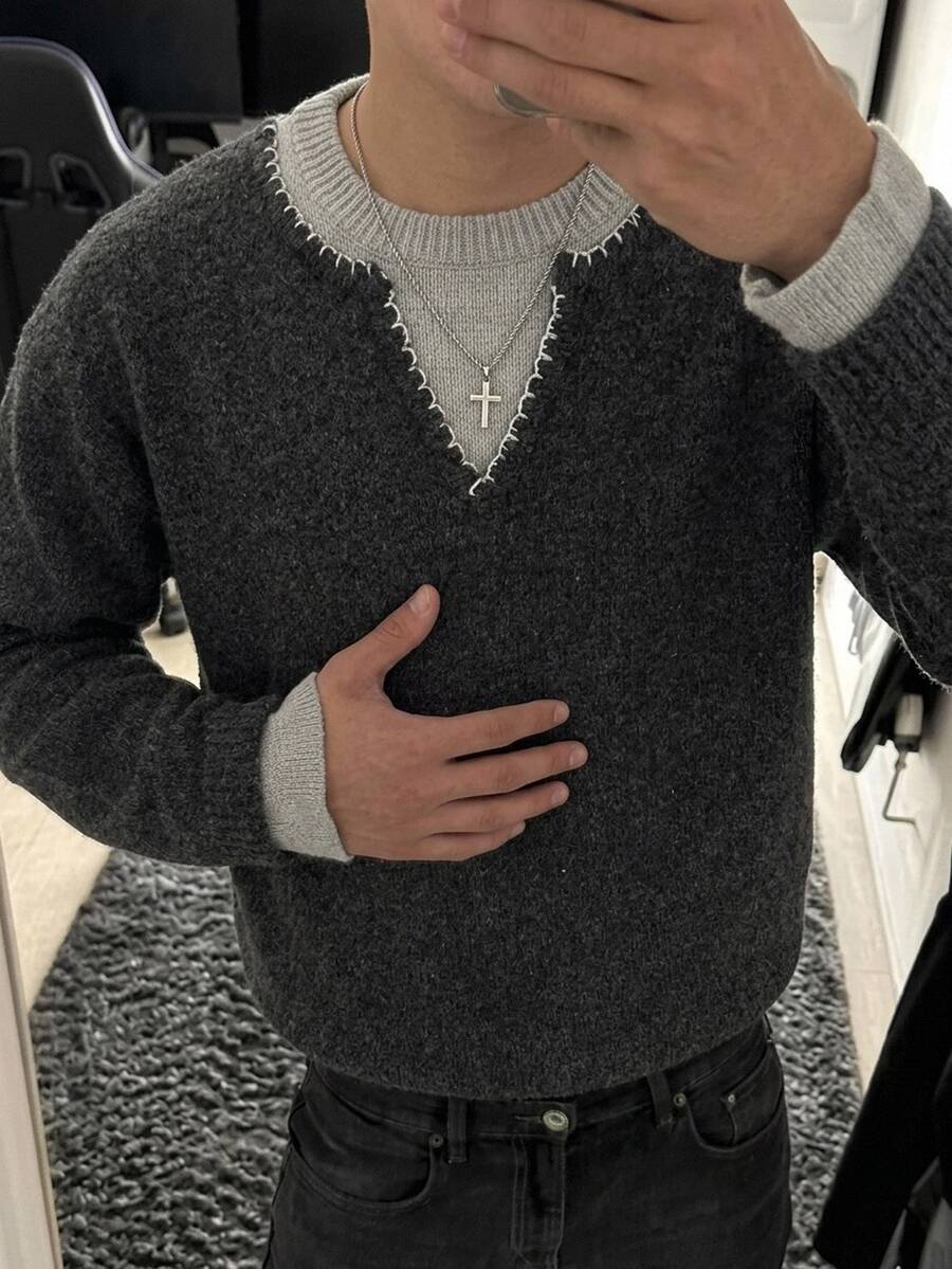 Manfinity CasualKnits 男士 2 合 1 圓領長袖寬鬆版型時尚百搭毛衣,學院風休閒秋季上衣,適合日常穿著、休閒、度假、老錢風 - 深灰色 - 查看 1