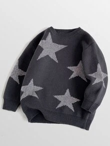 Maija Kids Maija Kids 1件裝女童優雅可愛甜美學院風星星圖案套頭毛衣，適合室內、日常、拍照、節日、開學、秋冬外出 - 深灰色 - 查看 2
