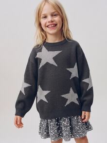 Maija Kids Maija Kids 1件裝女童優雅可愛甜美學院風星星圖案套頭毛衣，適合室內、日常、拍照、節日、開學、秋冬外出 - 深灰色 - 查看 7