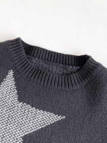 Maija Kids Maija Kids 1件裝女童優雅可愛甜美學院風星星圖案套頭毛衣，適合室內、日常、拍照、節日、開學、秋冬外出 - 深灰色 - 查看 5