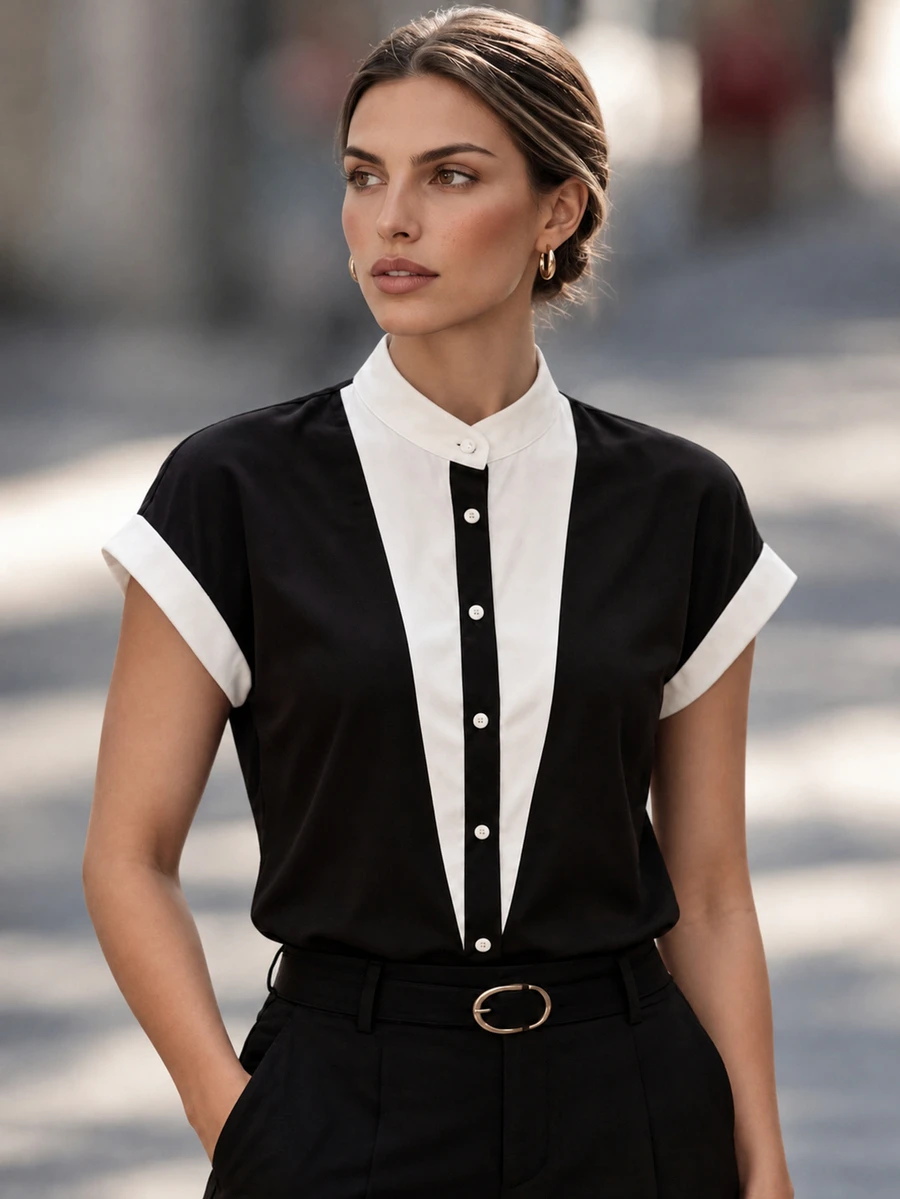 Balvessa Women's Elegant Patchwork Dress Shirt, Fashionable For Summer - Multicolor - View 1