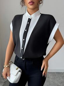 Balvessa Women's Elegant Patchwork Dress Shirt, Fashionable For Summer - Multicolor - View 4