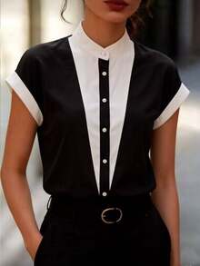 Balvessa Women's Elegant Patchwork Dress Shirt, Fashionable For Summer - Multicolor - View 2