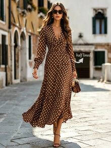 Balvessa French Vintage Brown Polka Dot Tea Break Dress, V-Neck Waist ...