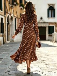 Balvessa French Vintage Brown Polka Dot Tea Break Dress, V-Neck Waist ...