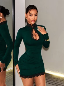 BamGleam Women's Lace Patchwork Hollow Out Fitted Mini Dress Night Out Dark Green Fall Sexy - Dark Green - View 4