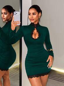BamGleam Women's Lace Patchwork Hollow Out Fitted Mini Dress Night Out Dark Green Fall Sexy - Dark Green - View 7