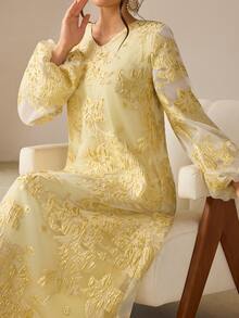 SHEIN Najma New Arrival Jacquard Jacquard Purple Arabic Style Dress For Women - Yellow - View 5